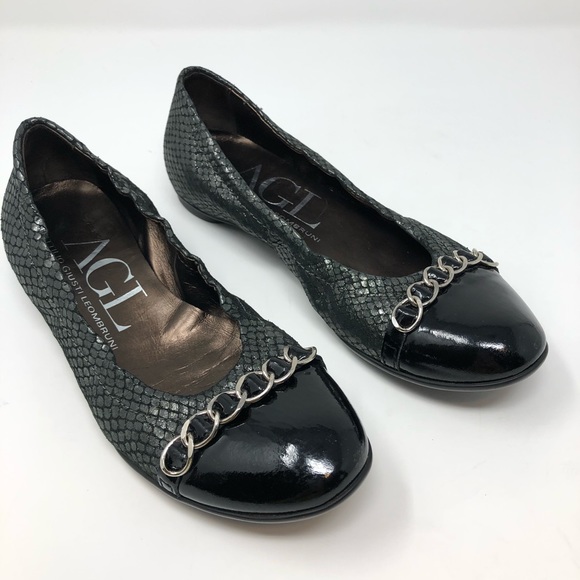 AGL Ballet Flats Shoes 5 35 Black Cap Chain Italy Women Attilio Snakeskin Silver - Picture 1 of 8